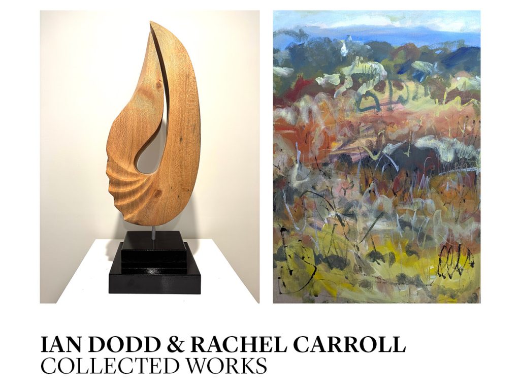 Poster for Rosby Gallery exhibition featuring a wooden abstract sculpture by Ian Dodd and a colourful landscape painting by Rachel Carroll, with opening details for 2 May 2026