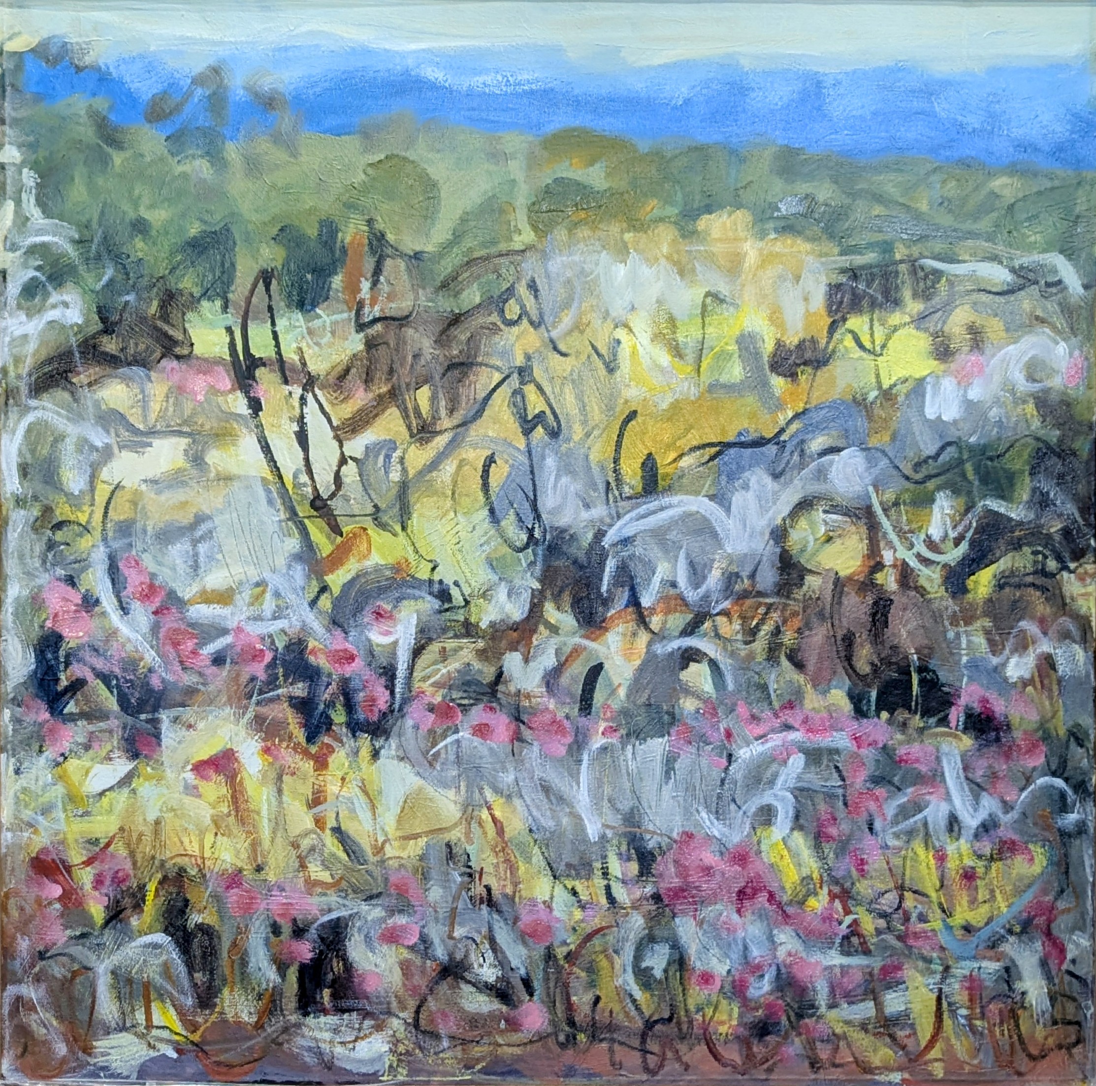 Poster for Rosby Gallery exhibition featuring a colourful landscape painting by Rachel Carroll, with opening details for 2 May 2026.